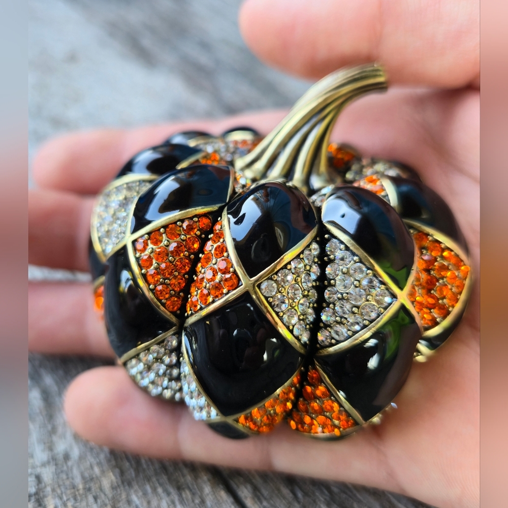 Heidi Daus Harlequin Pumpkin Crystal Enamel Large Designer Signed Brooch Pin 🖤